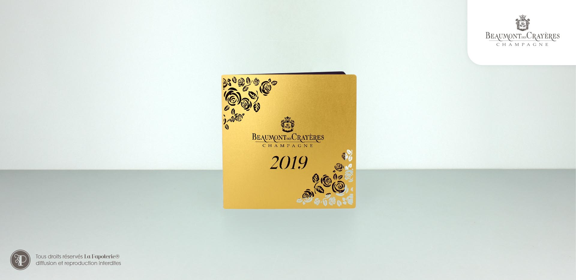 Carte de voeux luxe or champagne Beaumont des Crayères découpe floral